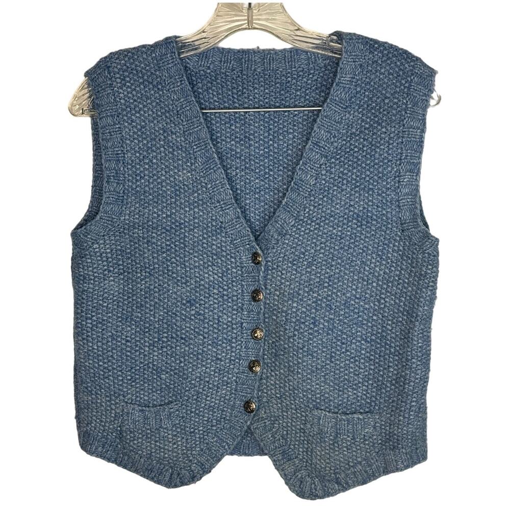 American Vintage 1980's Hand knit Blue vest coat of arms buttons size small